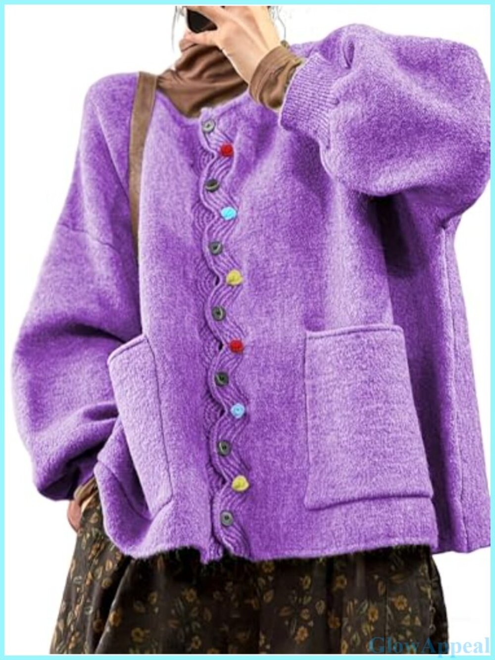 Loose Knit Cardigan Oversized Puff Sleeve Colorful Button Sweater with Pockets